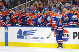 The Edmonton Oilers celebrate a goal scored by defensemen Evan Bouchard during the first period of Game 4 of the Western Conference Final as Gary Pearson provides some of the best prop picks for Game 1 of the Stanley Cup Final.