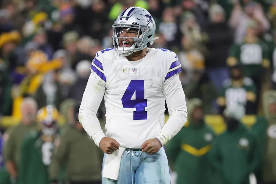 Dak Prescott of the Dallas Cowboys celebrates a touchdown against the Green Bay Packers, and we offer our top Seahawks vs. Cowboys SGP predictions based on the best NFL odds.