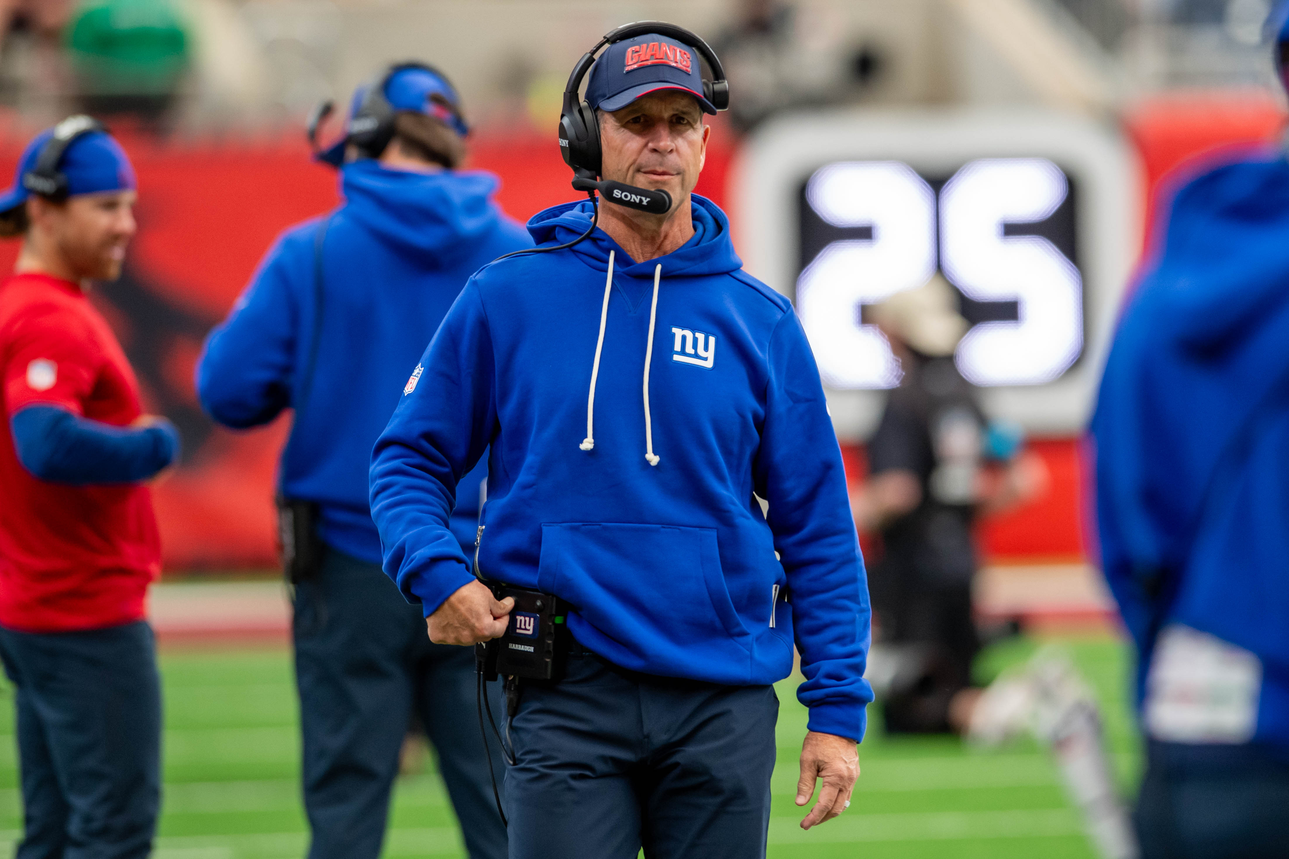 New York Giants head coach John Harbaugh before a game against the Houston Texans, as we look at the NFL Coach of the Year odds.