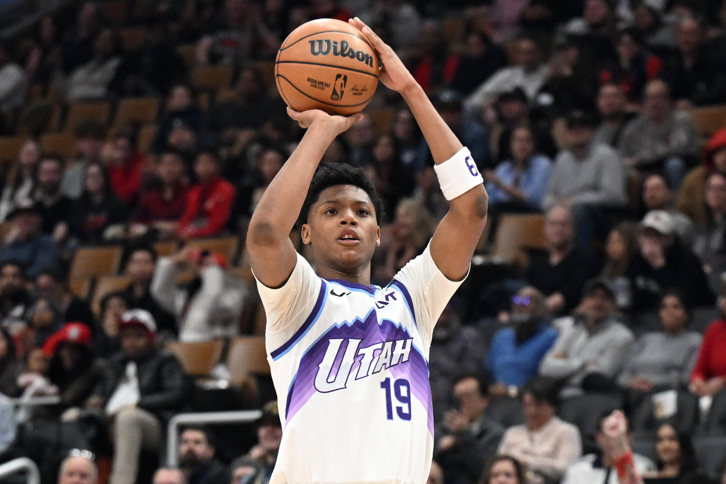 Utah Jazz guard Ace Bailey (19), seen here shooting during a game, is featured in our NBA player props tonight.