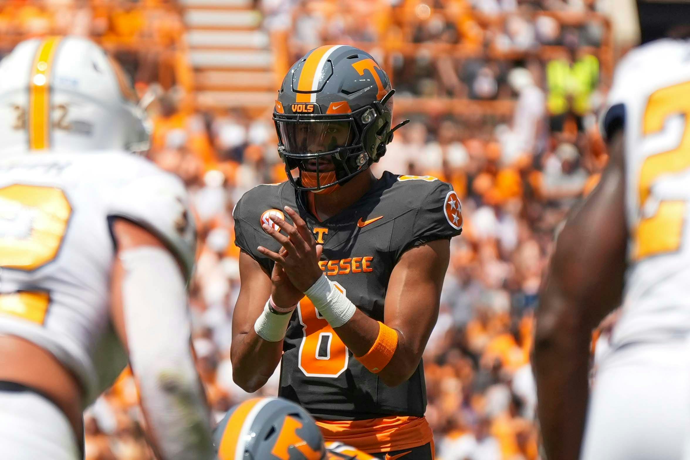 Tennessee quarterback Nico Iamaleava waits for the snap as we offer our Tennessee football 2025 season preview with way-too-early predictions, odds, and schedule.