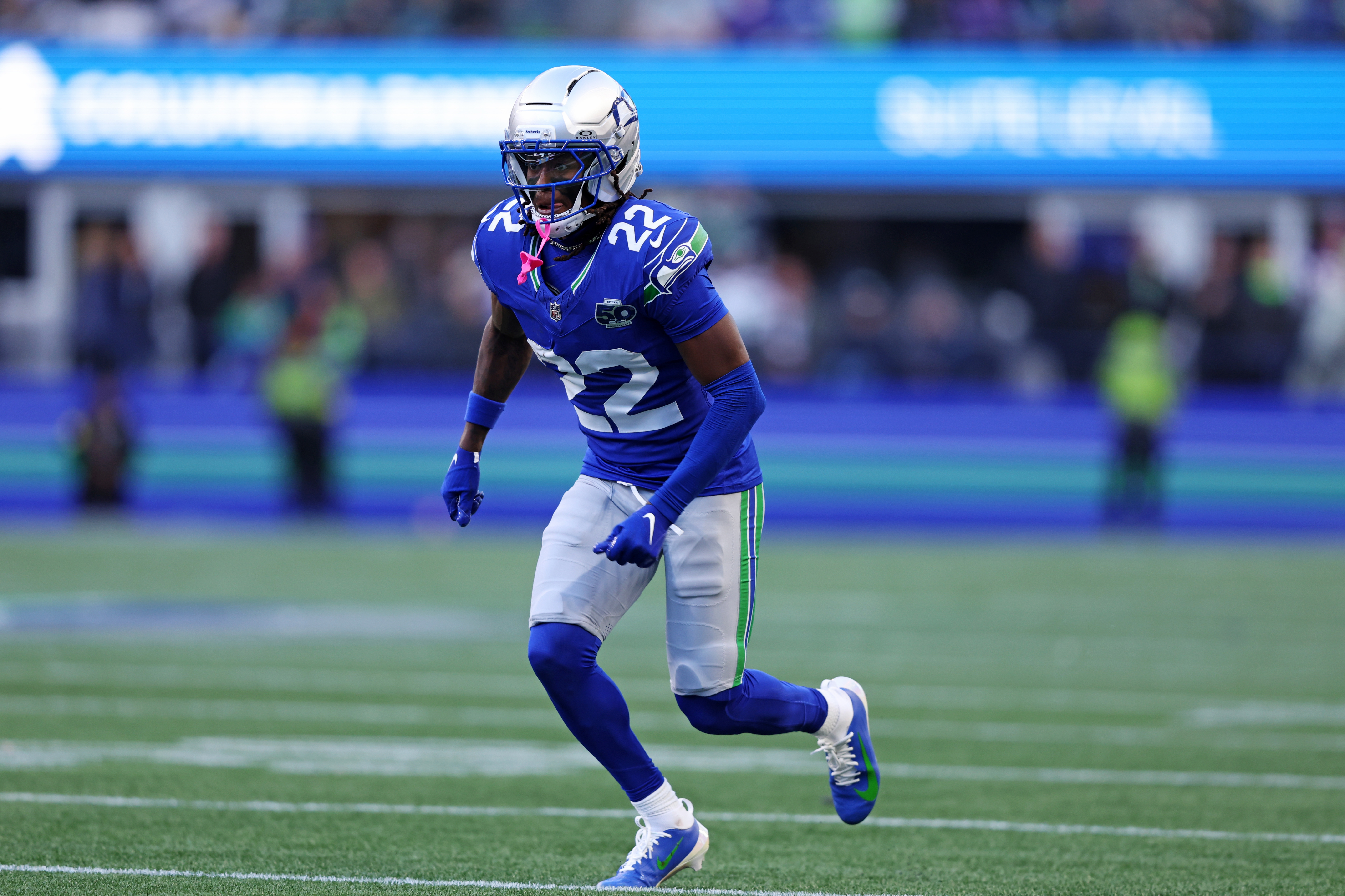 Seattle Seahawks wide receiver Rashid Shaheed (22) runs as we break down our first touchdown scorer predictions for Seahawks vs. 49ers.