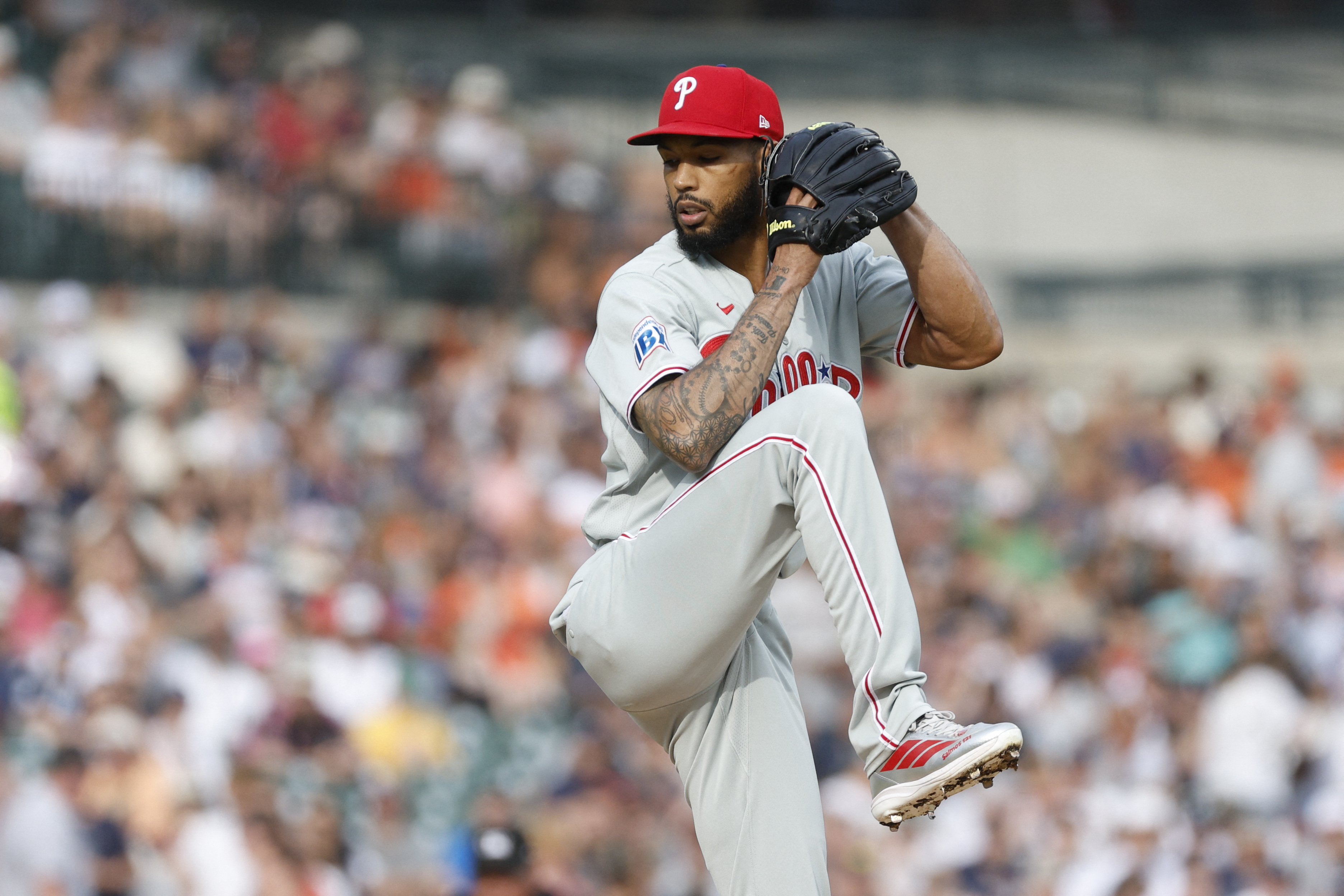 Philadelphia Phillies pitcher Cristopher Sánchez (61) throws as he is featured in our MLB All-Star Game win probability.