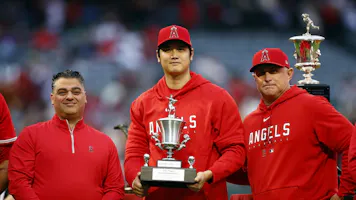 General Manager Perry Minasian, Shohei Ohtani #17 of the Los Angeles Angels as we look at the MLB MVP odds