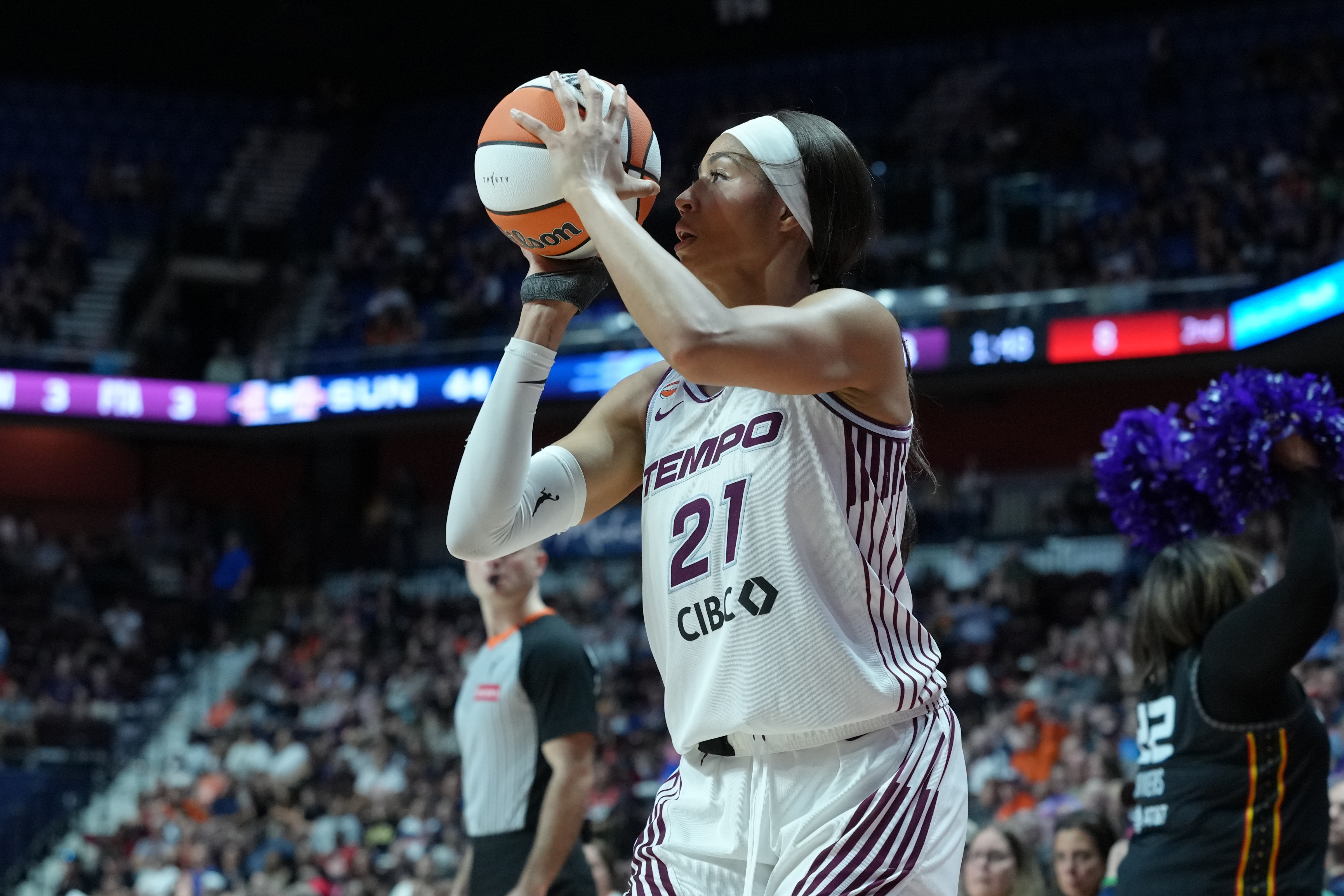 Toronto Tempo forward Isabelle Harrison (21) shoots as we break down our Wings vs. Tempo prediction.