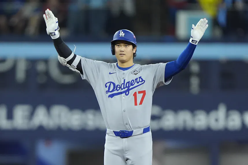 Los Angeles Dodgers two-way player Shohei Ohtani - who's featured in our Dodgers vs. Blue Jays player props - celebrates after hitting a double against the Toronto Blue Jays in the eighth inning during game six of the 2025 MLB World Series at Rogers Centr