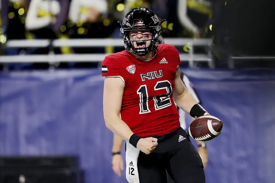 Rocky Lombardi of the Northern Illinois Huskies celebrates after running for a touchdown against the Kent State Golden Flashes at Ford Field on Dec. 4, 2021 in Detroit, Michigan.