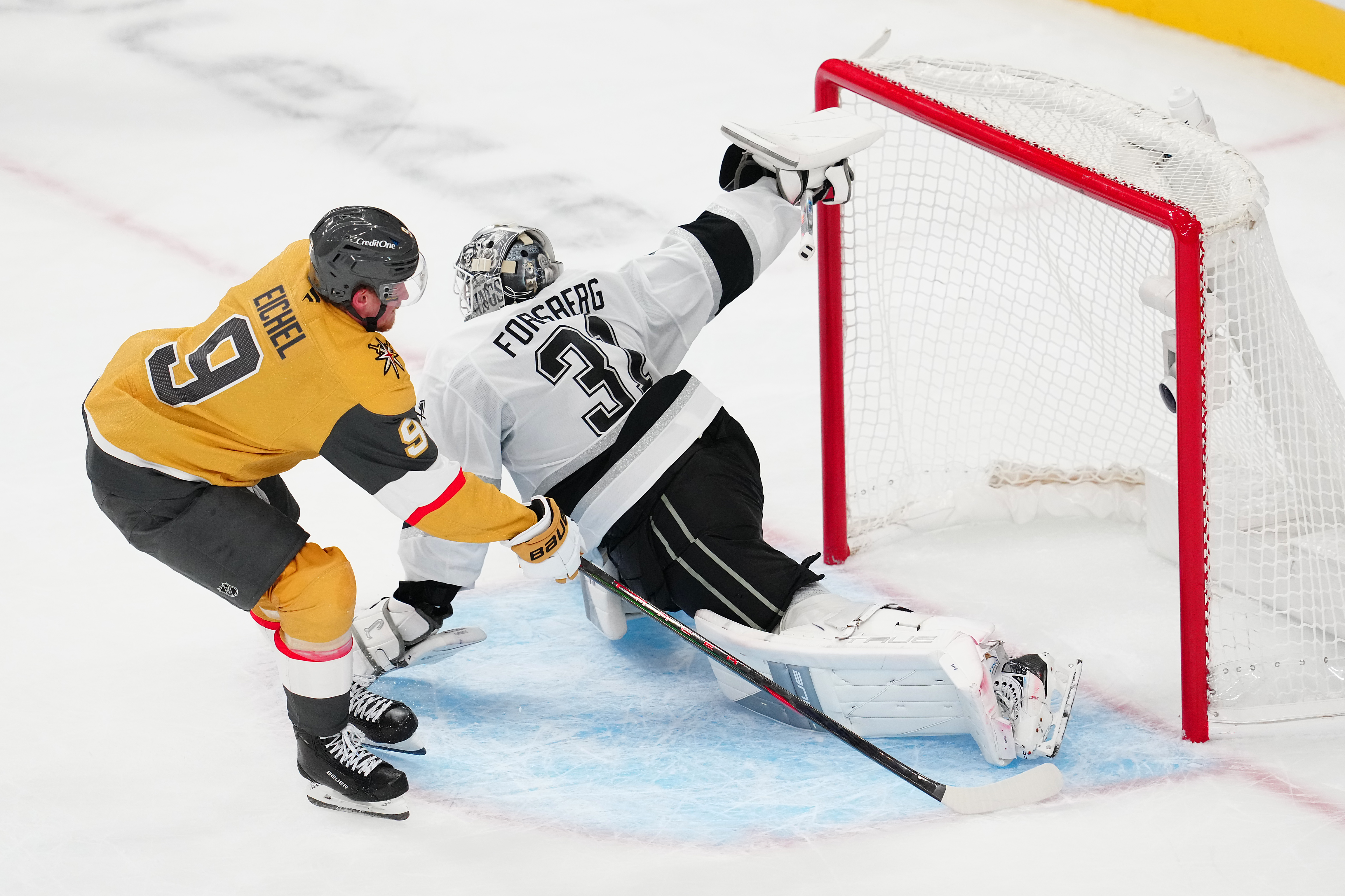 Los Angeles Kings goaltender Anton Forsberg (31) makes a save against Vegas Golden Knights center Jack Eichel (9) as we provide our Golden Knights vs. Kings prediction.