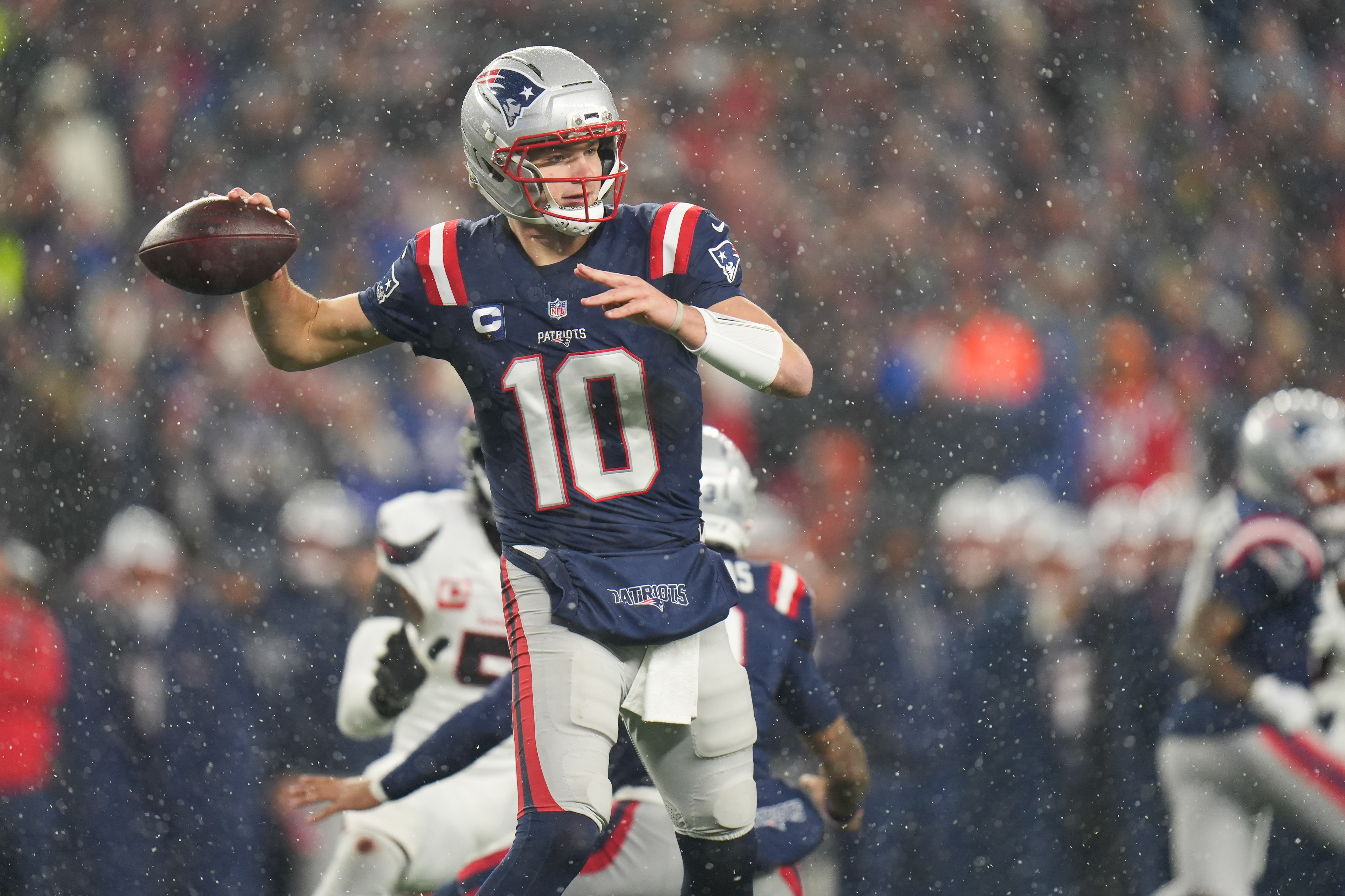 New England Patriots quarterback Drake Maye (10) throws the football as we provide our Patriots vs. Broncos prediction for the AFC Championship.