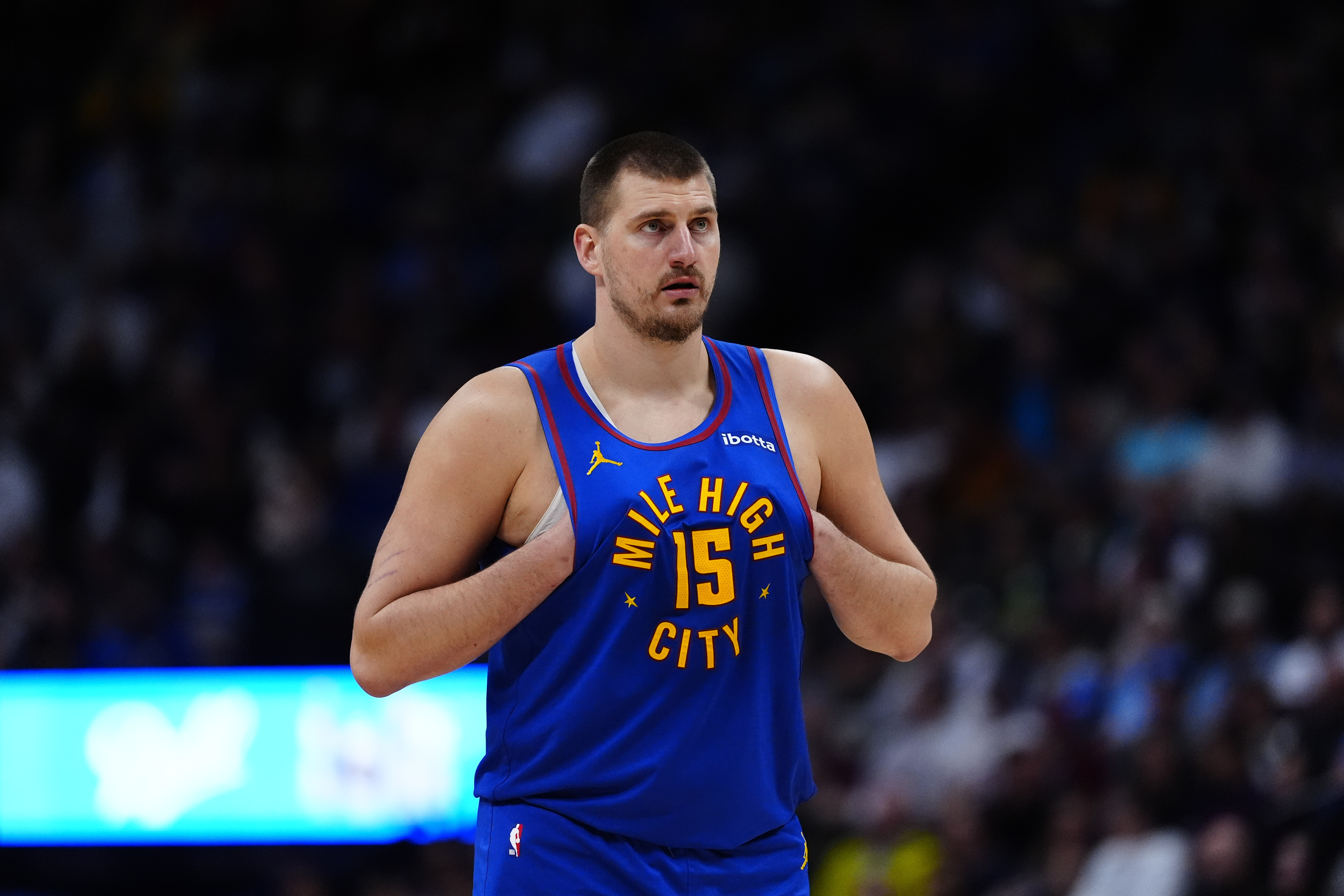 Denver Nuggets center Nikola Jokic (15), seen here during a game, is featured in our Nuggets vs. Clippers player props today.