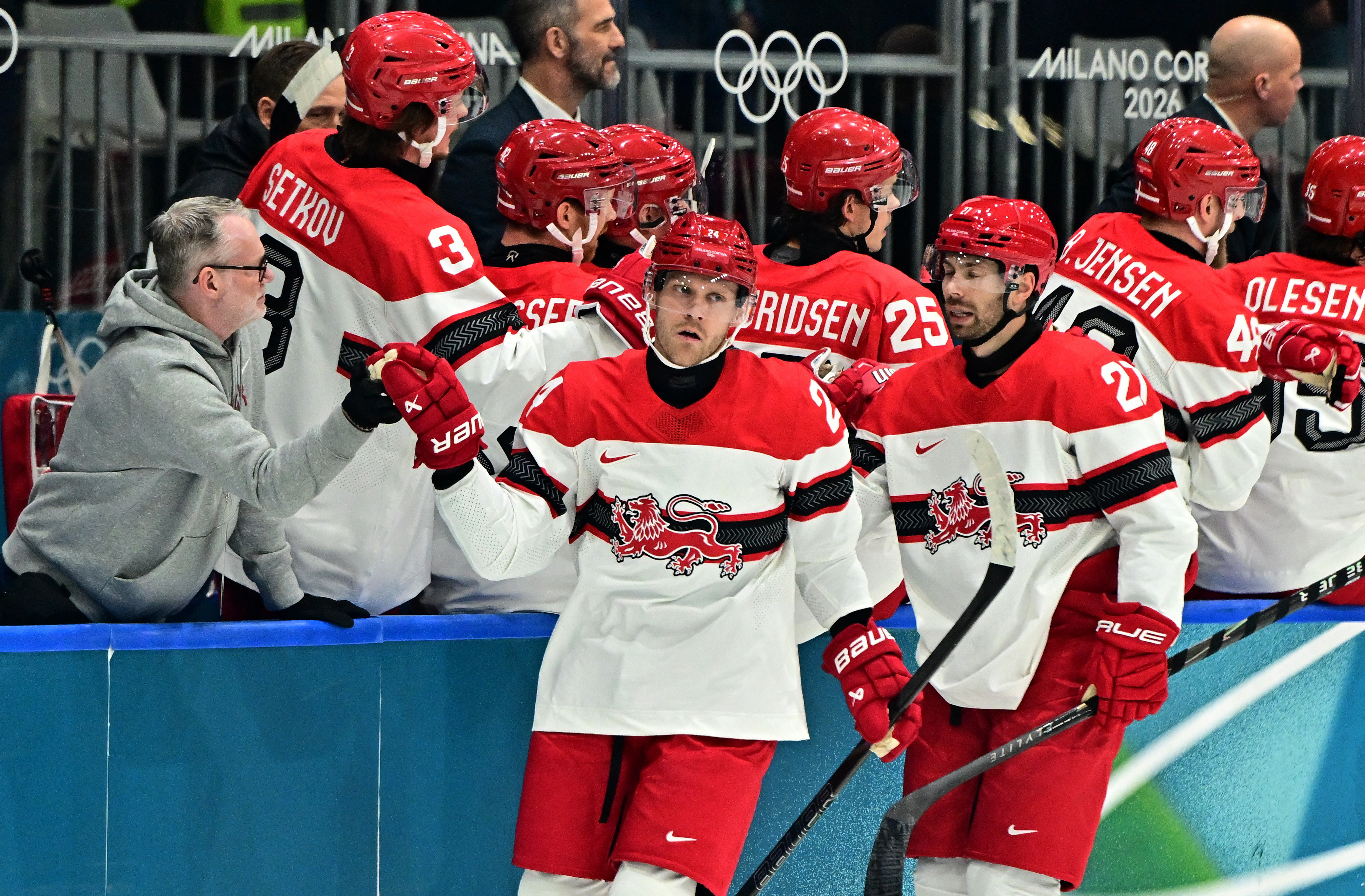 Nikolaj Ehlers and Oliver Bjorkstrand celebrate a goal as we provide our Denmark vs. Latvia prediction and best bets.