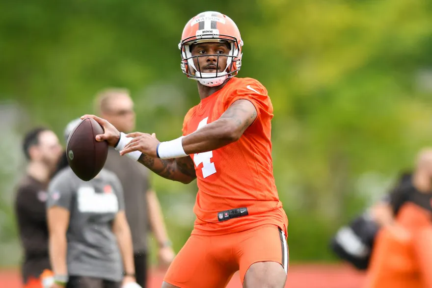 Deshaun Watson of the Cleveland Browns throws a pass during the Cleveland Browns OTAs at CrossCountry Mortgage Campus on May 25, 2022 in Berea, Ohio.