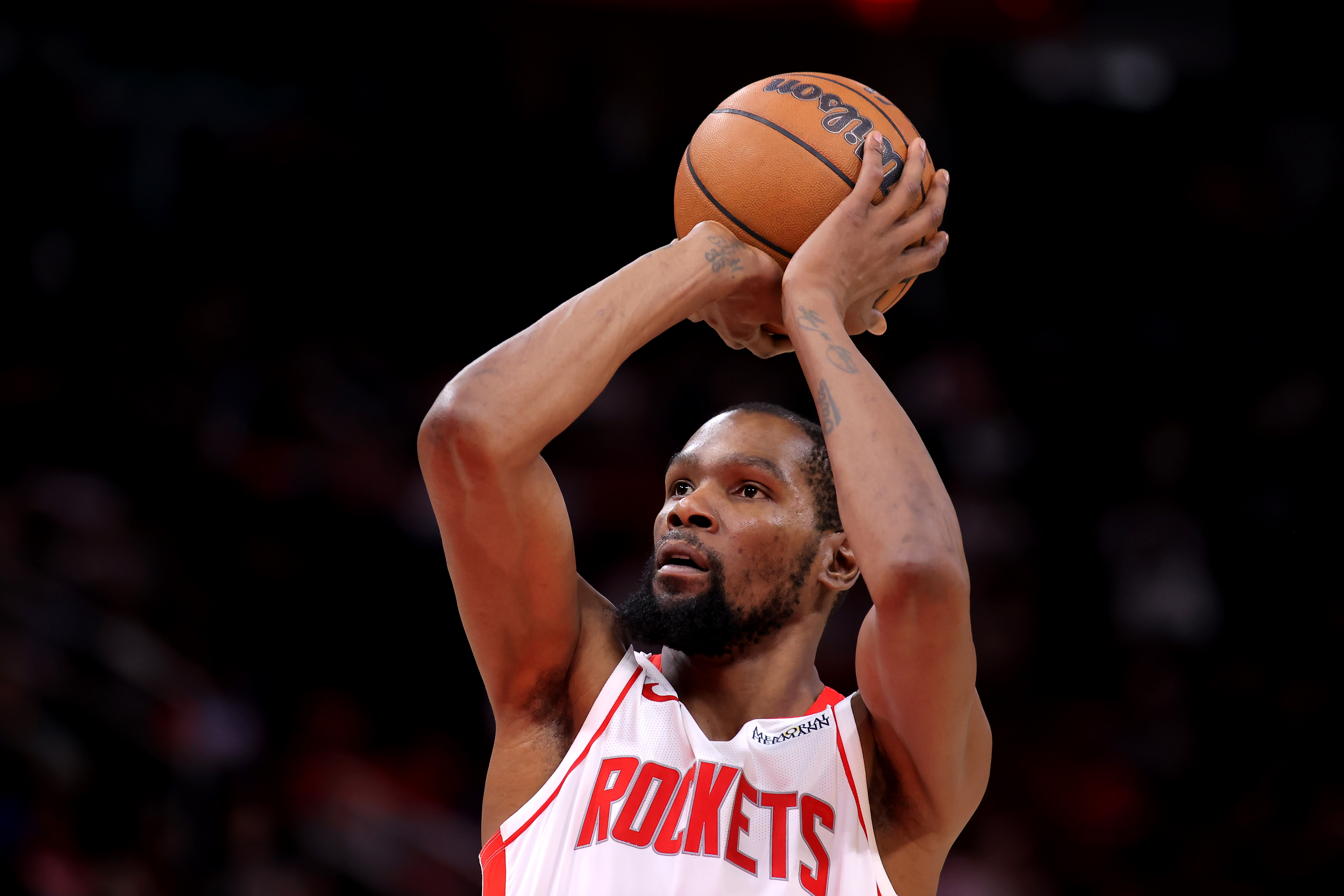 Houston Rockets forward Kevin Durant - who's featured in my Rockets vs. Thunder player props - shoots a free throw. 