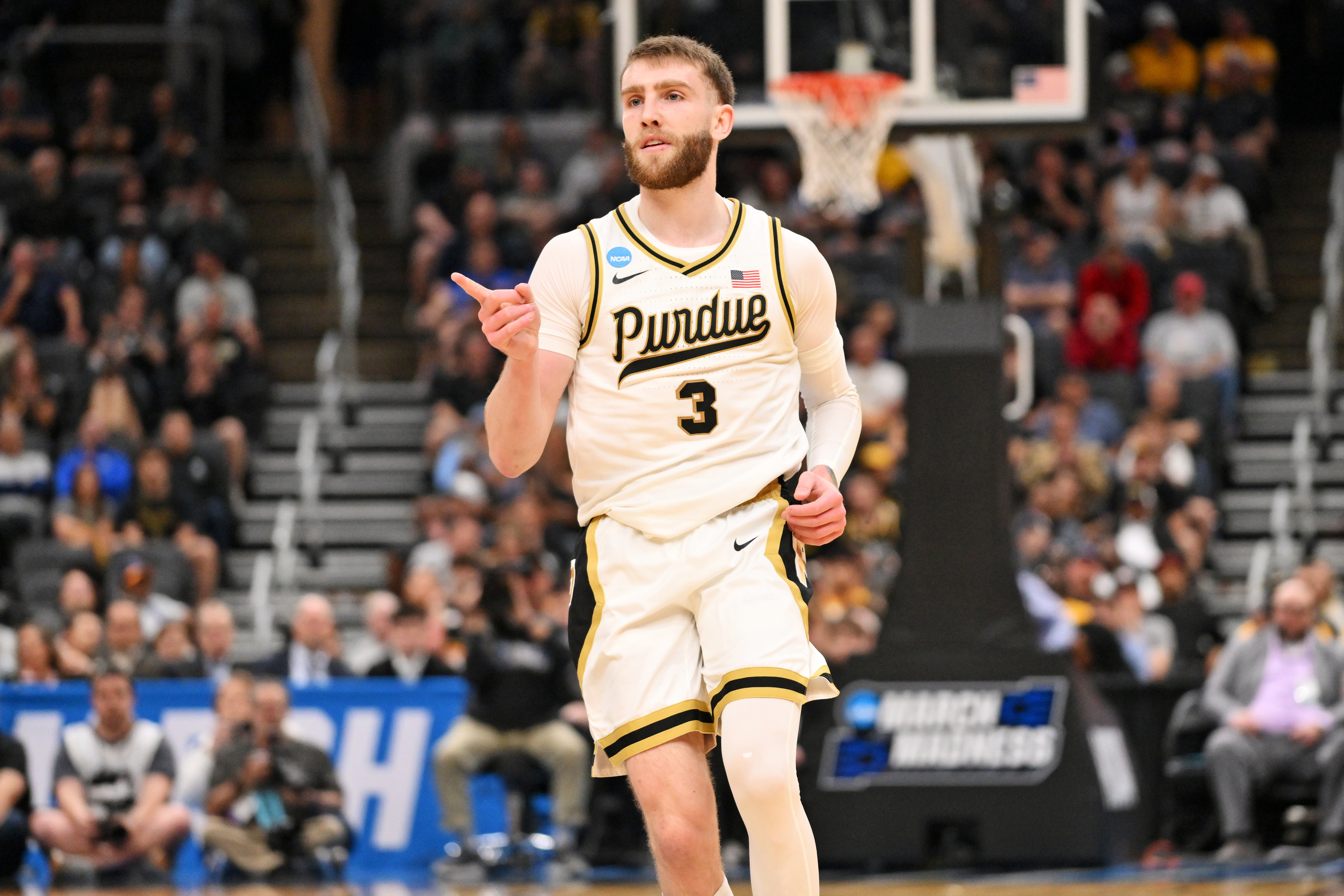 Purdue Boilermakers guard Braden Smith (3) reacts after a play as he is featured in our Texas vs. Purdue player props.