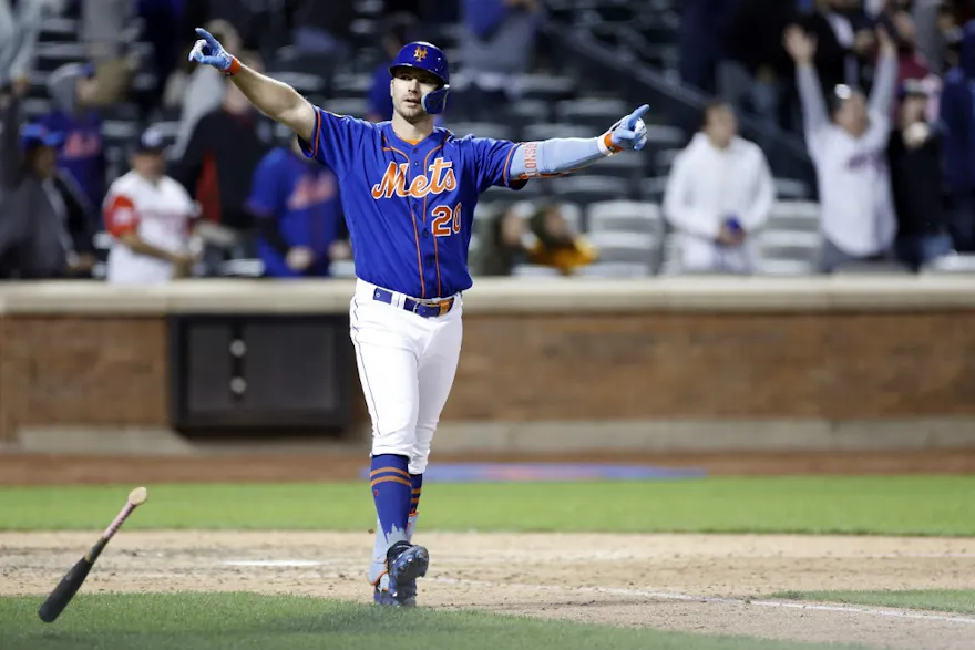 Pete Alonso of the New York Mets reacts after hitting a walk-off three-run home run during the 10th inning against the Tampa Bay Rays at Citi Field as we make our Phillies-Mets pick.