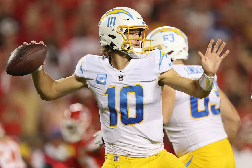 Justin Herbert of the Los Angeles Chargers throws the ball during the first half against the Kansas City Chiefs.