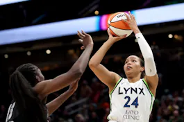 Napheesa Collier (24) of the Minnesota Lynx shoots as we offer our best Liberty vs. Lynx prediction and expert picks for Saturday's WNBA game at Target Center in Minneapolis.