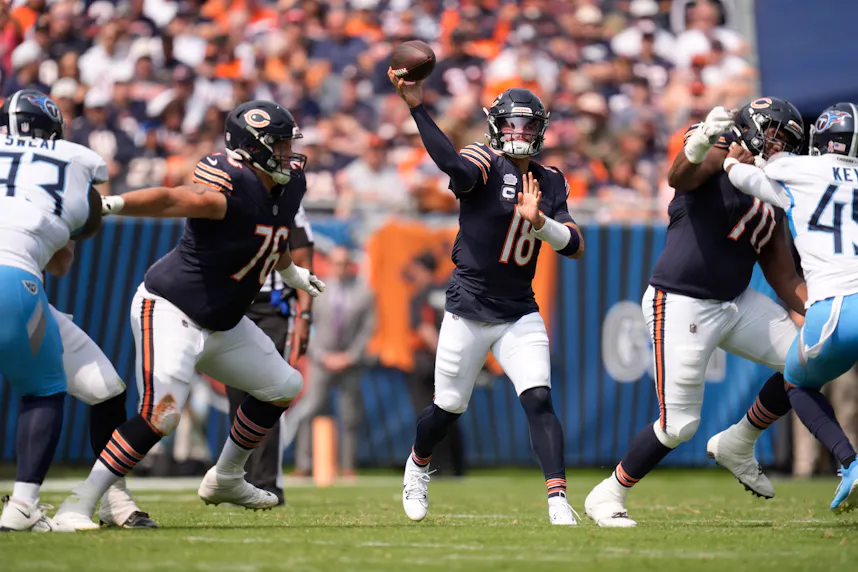 Chicago Bears quarterback Caleb Williams throws against the Tennessee Titans as we offer our prediction for tonight's Bears vs. Texans Sunday Night Football showdown.
