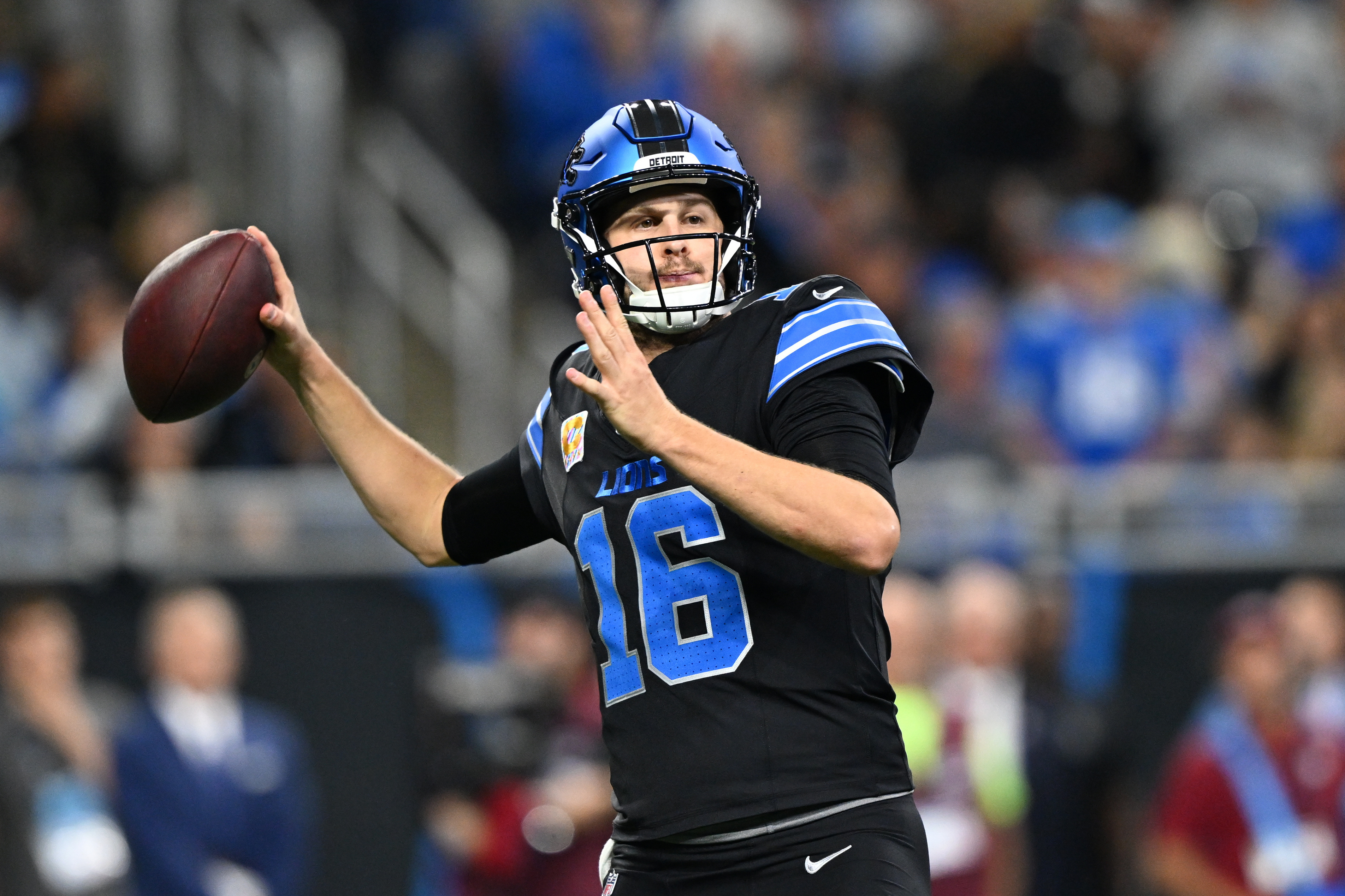 Detroit Lions quarterback Jared Goff throws a pass as we make our best NFL ATS picks for Week 8.