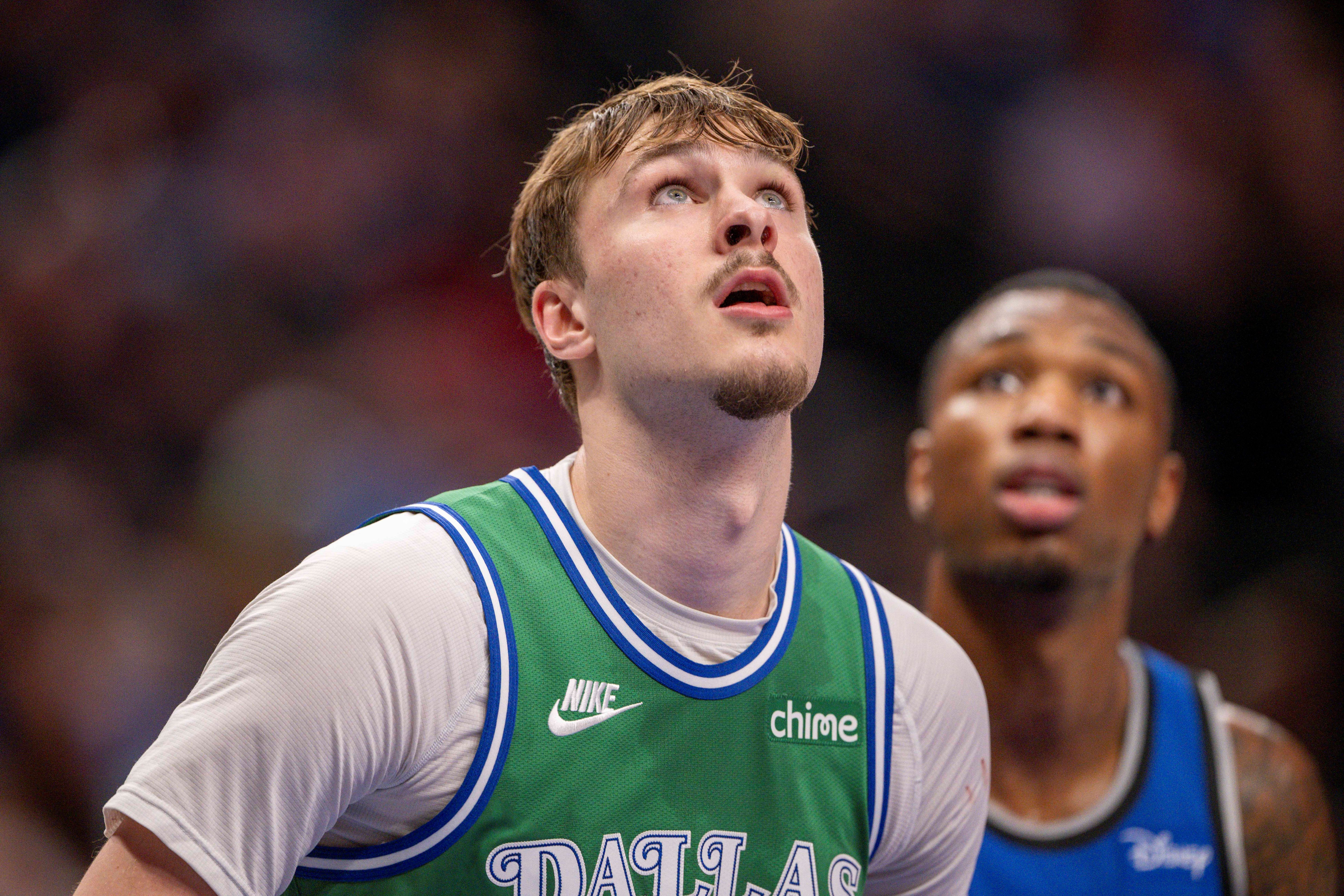 Dallas Mavericks forward Cooper Flagg (32), seen here looking on during a game, is featured in our NBA player props today.