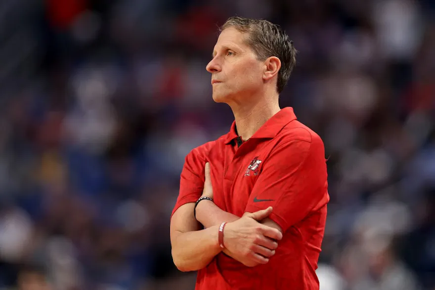 Head coach Eric Musselman of the Arkansas Razorbacks looks on against the New Mexico State Aggies in the 2022 NCAA Tournament at KeyBank Center in Buffalo, New York. Photo by ELSA/Getty Images via AFP.