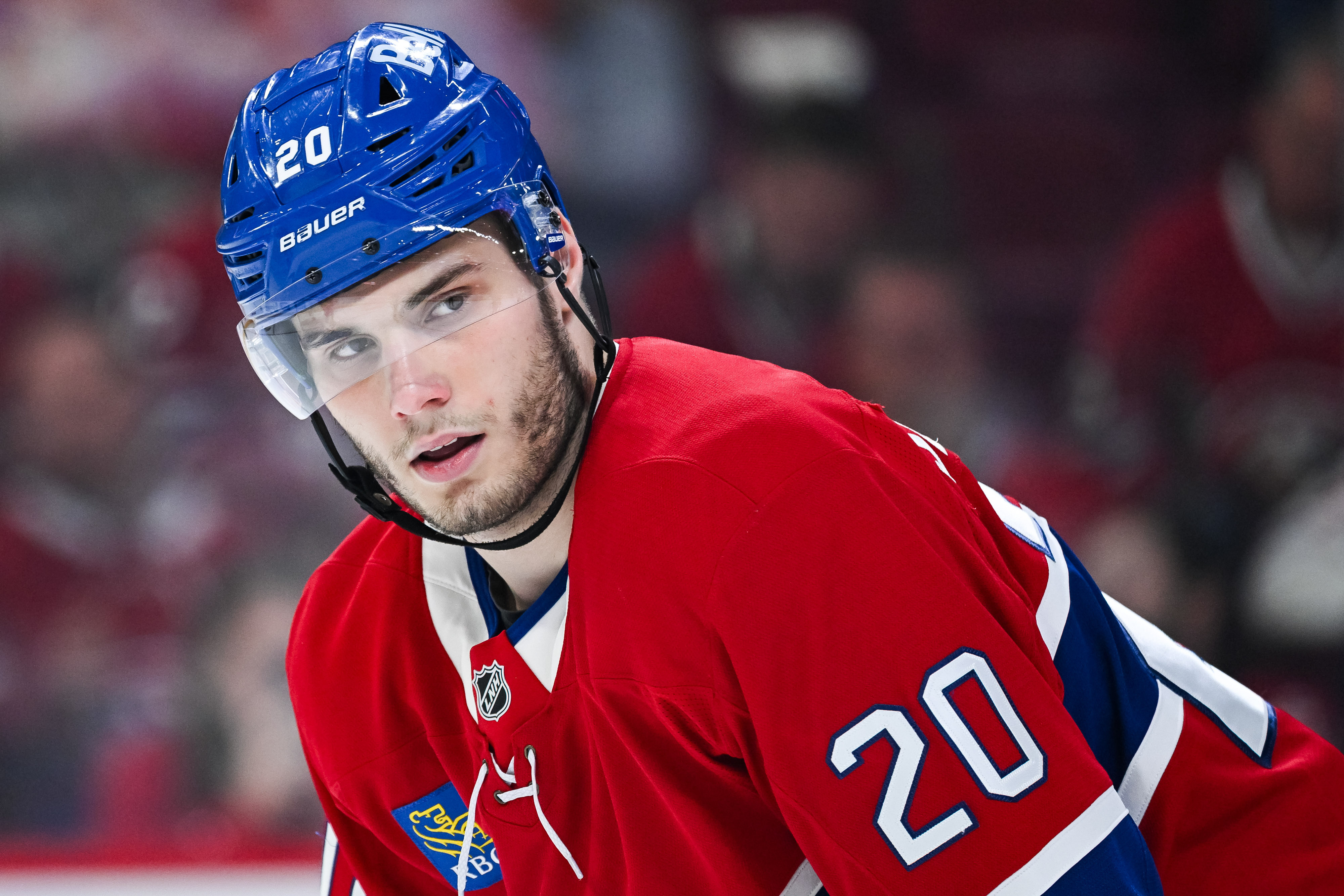 Montreal Canadiens left wing Juraj Slafkovsky (20) looks on as we break down our Canadiens vs. Lightning prediction & odds.