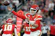 Patrick Mahomes of the Kansas City Chiefs throws a pass during the first quarter against the San Francisco 49ers during Super Bowl LVIII.