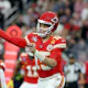 Patrick Mahomes of the Kansas City Chiefs throws a pass during the first quarter against the San Francisco 49ers during Super Bowl LVIII.