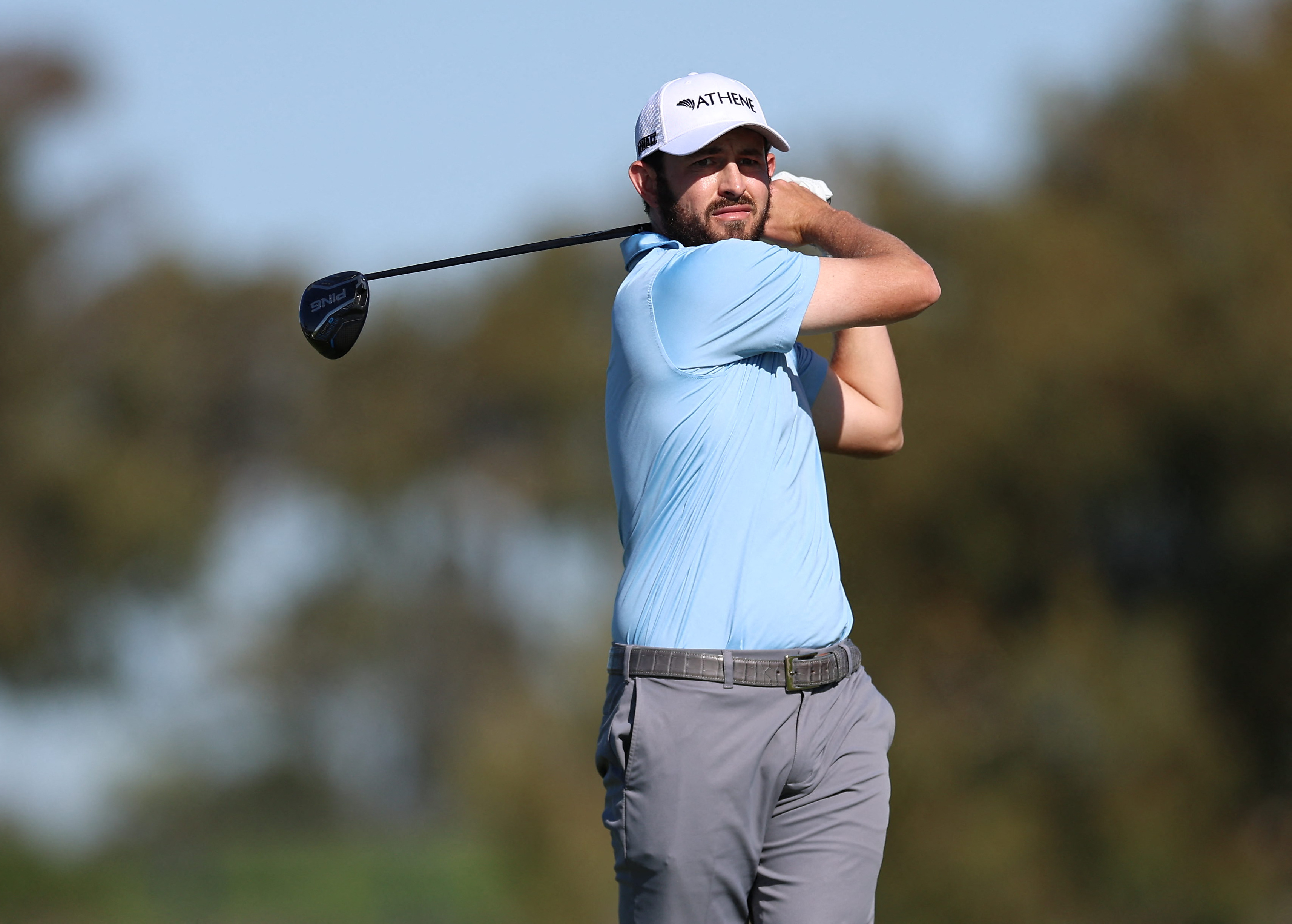 Patrick Cantlay - who's featured in my Genesis Invitational picks - plays his shot from the second tee. 