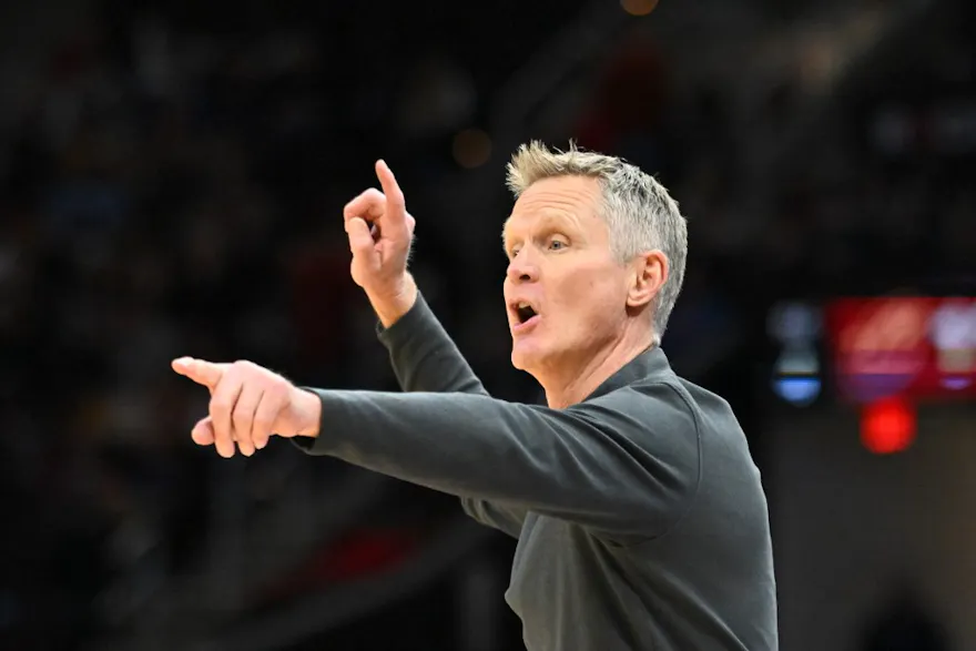 Head coach Steve Kerr of the Golden State Warriors yells to his players during the fourth quarter against the Cleveland Cavaliers at Rocket Mortgage Fieldhouse on January 20, 2023 in Cleveland, Ohio. The Warriors defeated the Cavaliers 120-114.