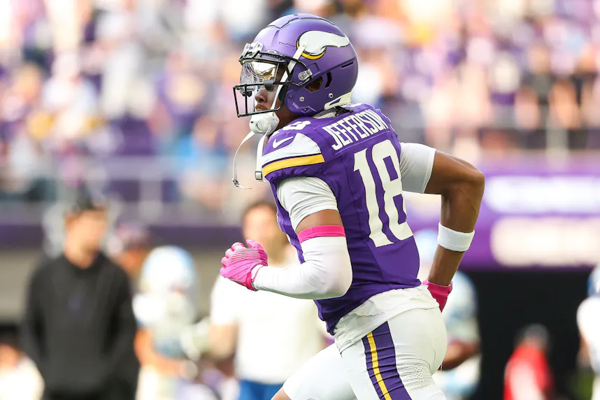 Minnesota Vikings wide receiver Justin Jefferson (18) warms up as we look at our first touchdown scorer predictions for Sunday Night Football.