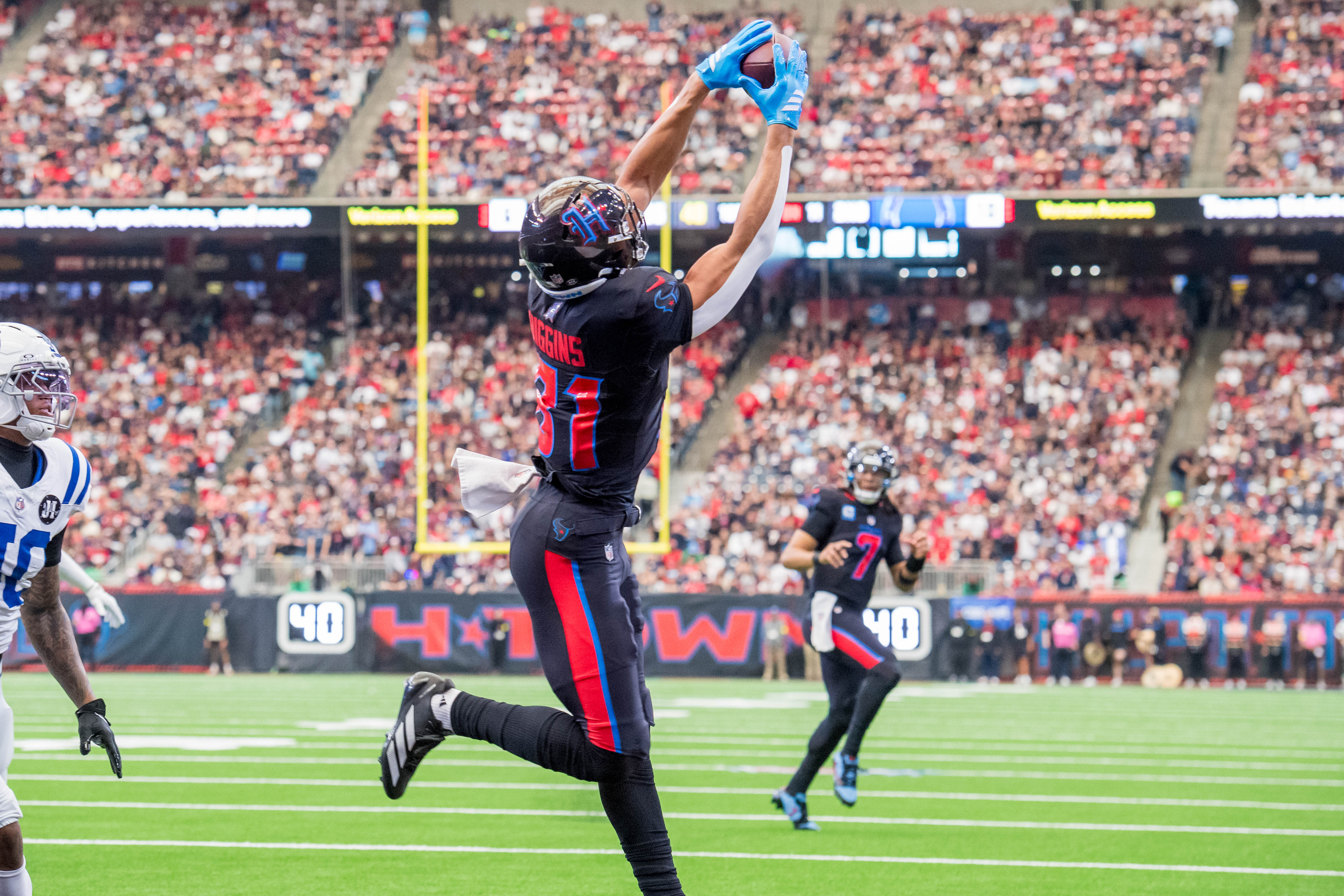 Houston Texans wide receiver Jayden Higgins (81) makes a touchdown catch as we break down our anytime touchdown scorer predictions Texans vs. Patriots.