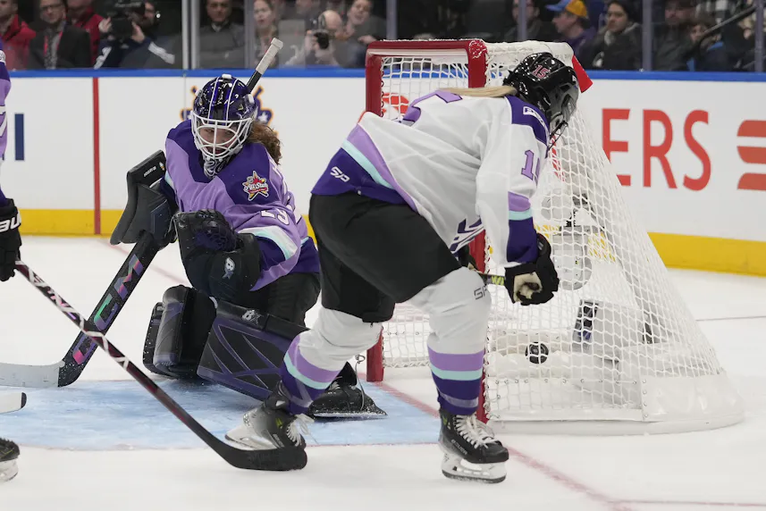 Team King defender Savannah Harmon (15) scores a hat trick on Team Kloss goaltender Nicole Hensley as we look at the PWHL expansion team odds.