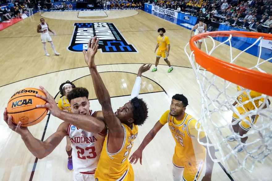 Trayce Jackson-Davis of the Indiana Hoosiers drives to the hoop as we look at our Indiana vs. Miami prediction