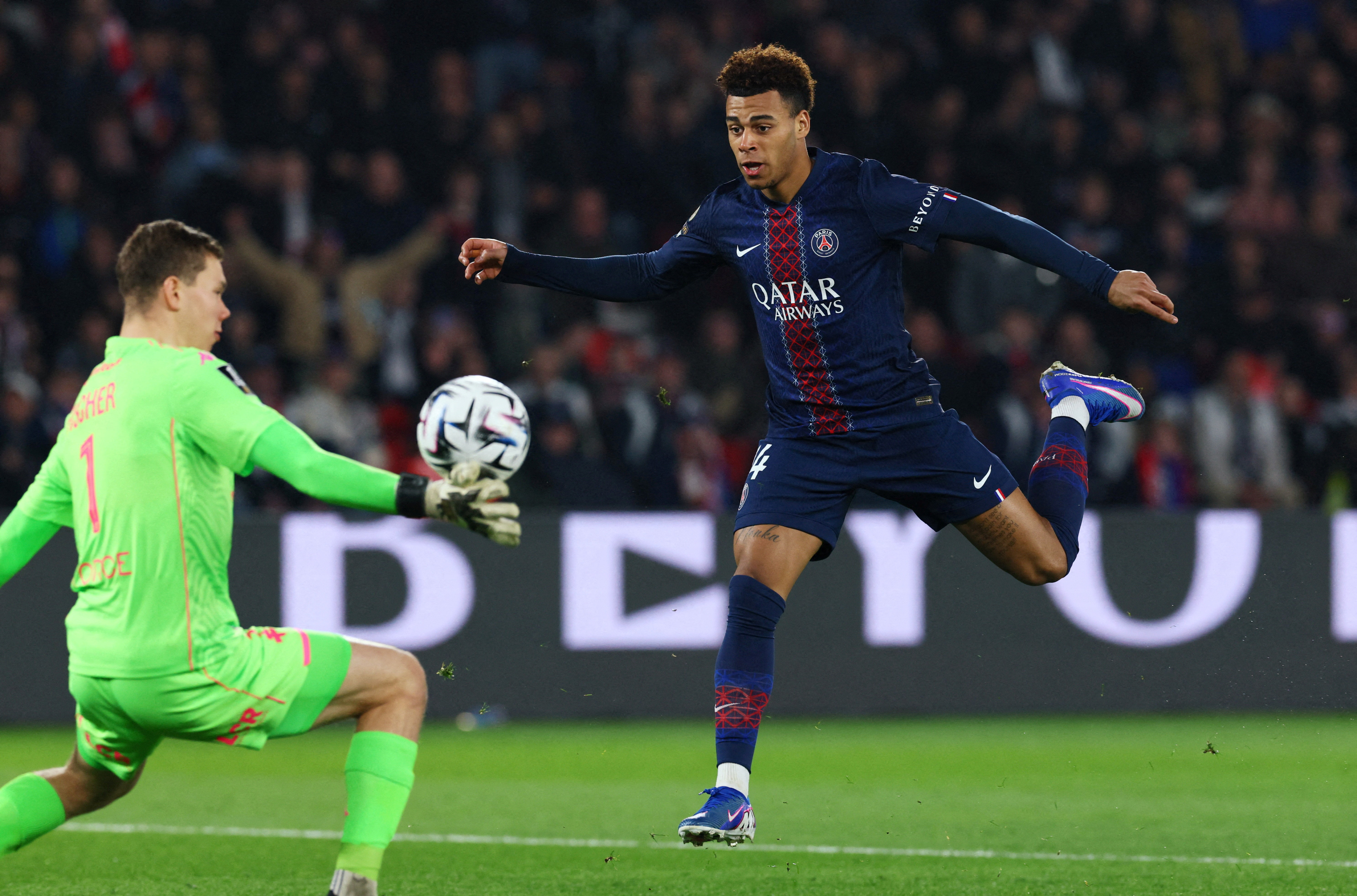 Paris St Germain's Desire Doue scores their first goal as we break down our PSG vs. Monaco same-game parlay, odds.