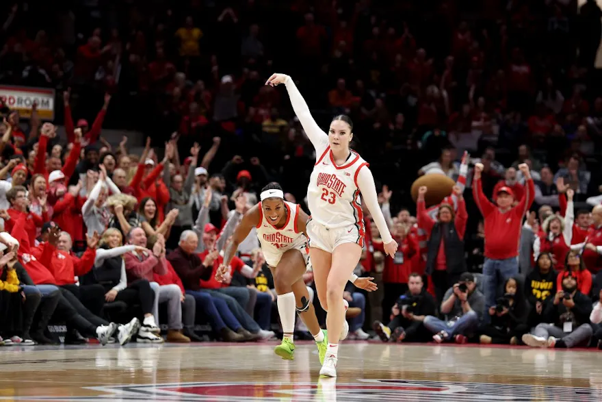 Rebeka Mikulasikova #23 of the Ohio State Buckeyes reacts after making at three-point basket as we look at the financials for Ohio's December 2023 sports betting scene