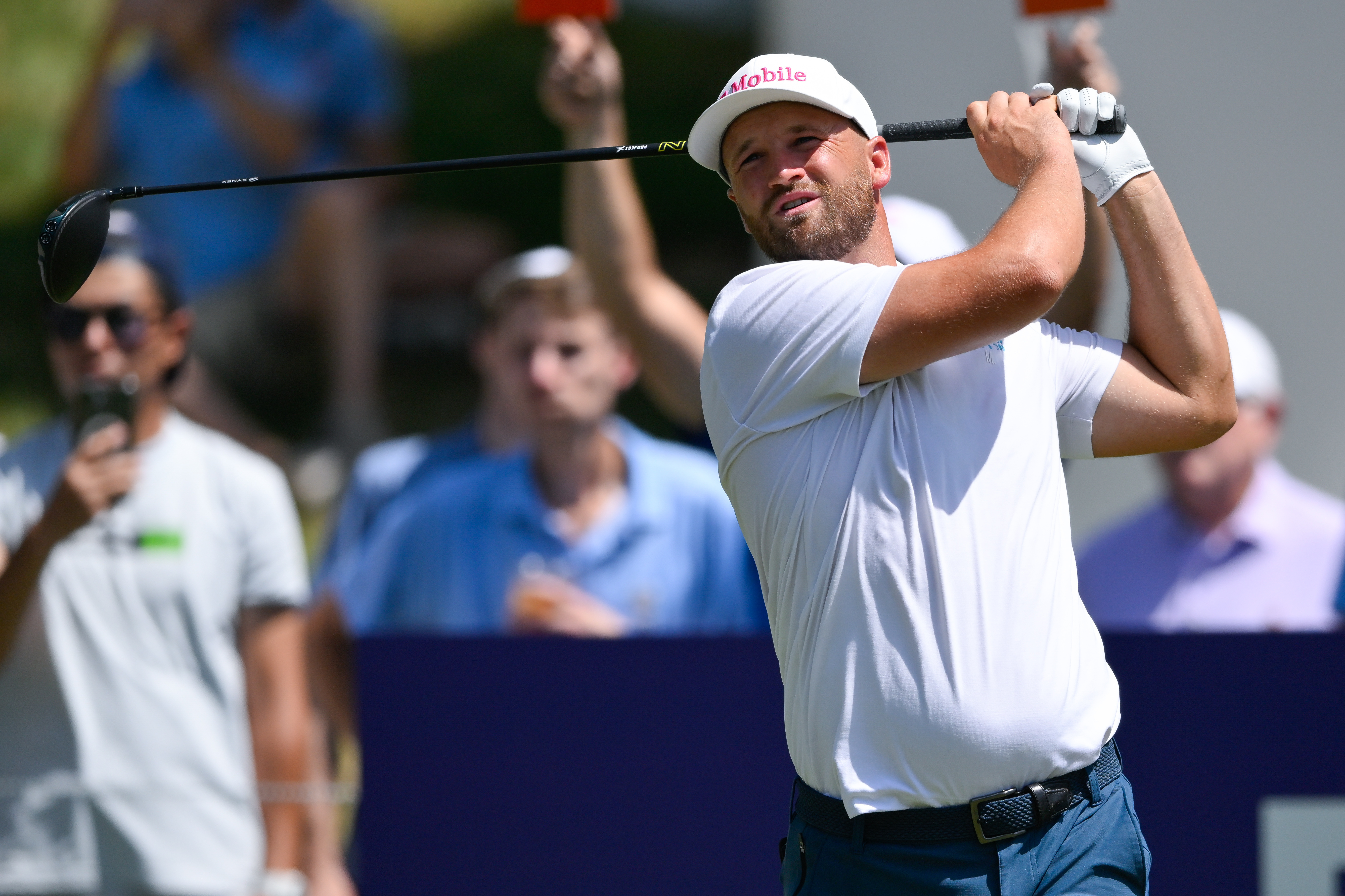 Wyndham Clark plays his shot from the first tee as he is featured in our BMW Championship Second-Round Leader prediction & odds.