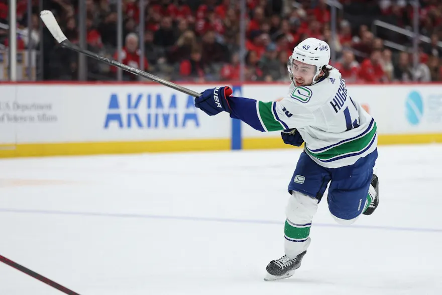 Quinn Hughes #43 of the Vancouver Canucks shoots as we look at the top 2024 Norris Trophy odds