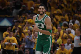 Boston Celtics forward Jayson Tatum reacts after a basket against the Indiana Pacers during the second quarter of Game 3 of the Eastern Conference finals in the 2024 NBA playoffs at Gainbridge Fieldhouse as we look at our Jayson Tatum player props.