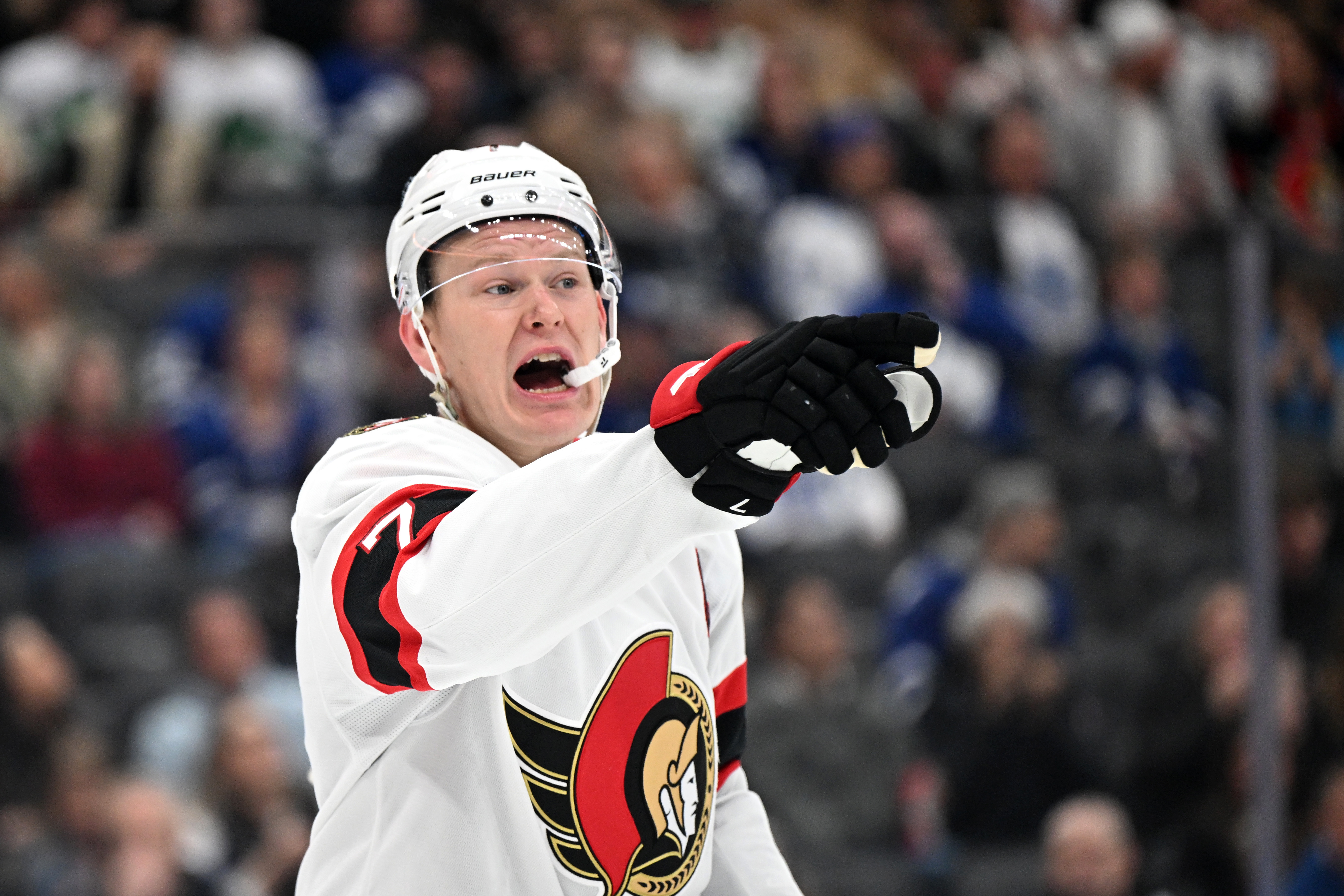 Ottawa Senators forward Brady Tkachuk (7), seen here gesturing during a game, is featured in our NHL player props today.