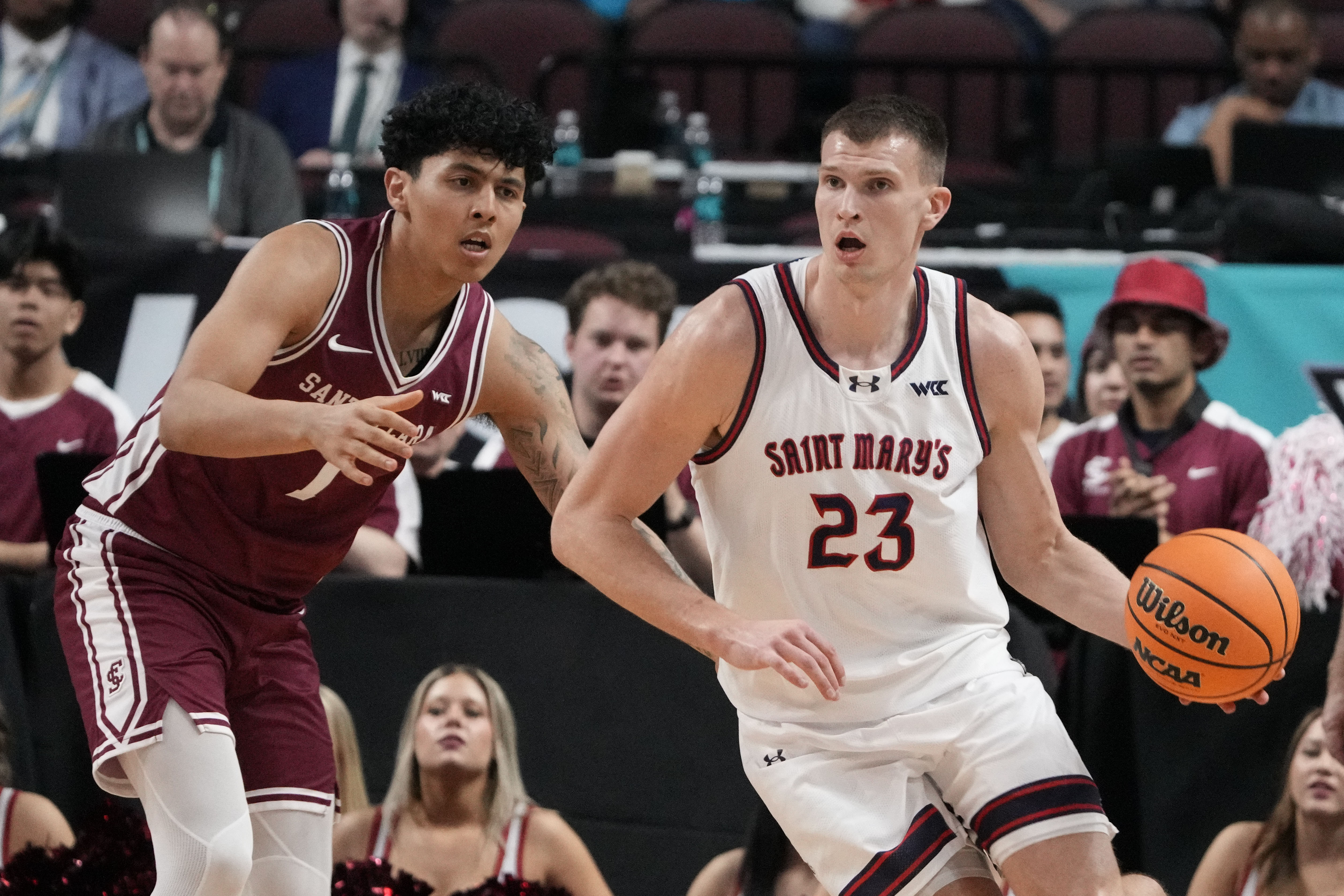 Saint Mary's Gaels forward Paulius Murauskas (23), featured in our Texas A&M vs. Saint Mary's prediction, dribbles during the WCC Tournament.