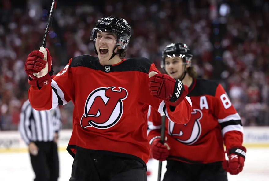 Jack Hughes and Luke Hughes of the New Jersey Devils celebrate teammate Damon Severson's goal during the second period in Game 3 of the second round during the 2023 Stanley Cup Playoffs as we look at the September report for New Jersey.