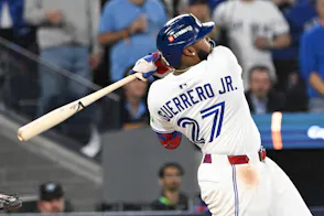 Toronto Blue Jays first baseman Vladimir Guerrero Jr. (27) hits a single as we break down our Vladimir Guerrero Jr. player prop bets for World Series Game 3.