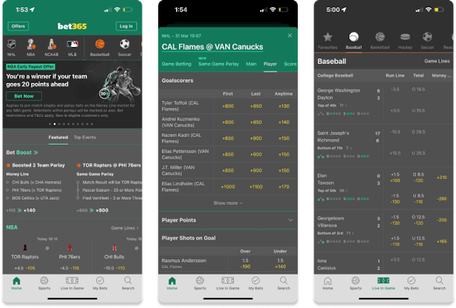 bet365 Canada app "Featured" tab and other menus.