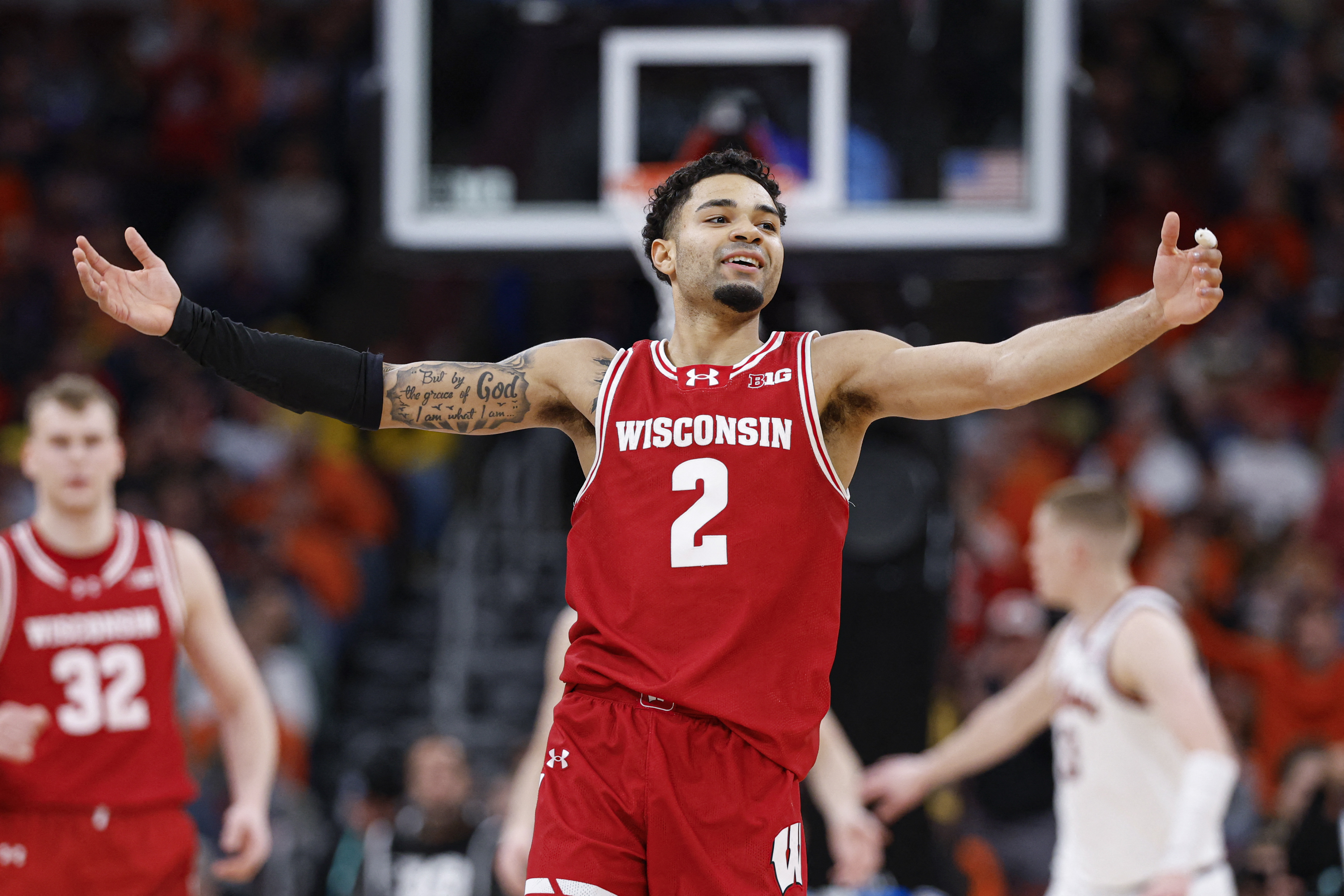 Wisconsin Badgers guard Nick Boyd (2), seen here reacting during a game, is featured in our High Point vs. Wisconsin prediction.