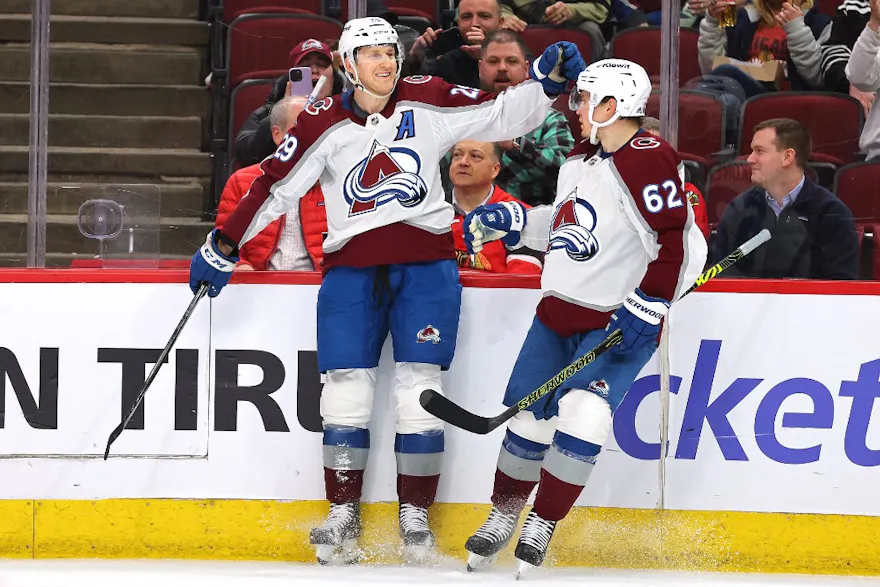 Nathan MacKinnon #29 of the Colorado Avalanche celebrates with Artturi Lehkonen #62 as we look at our NHL best bets & player props for Saturday