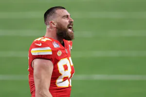 Travis Kelce of the Kansas City Chiefs reacts in the third quarter against the San Francisco 49ers during Super Bowl LVIII, and we look at our top NFL games to bet on following the release of the 2024 schedule.