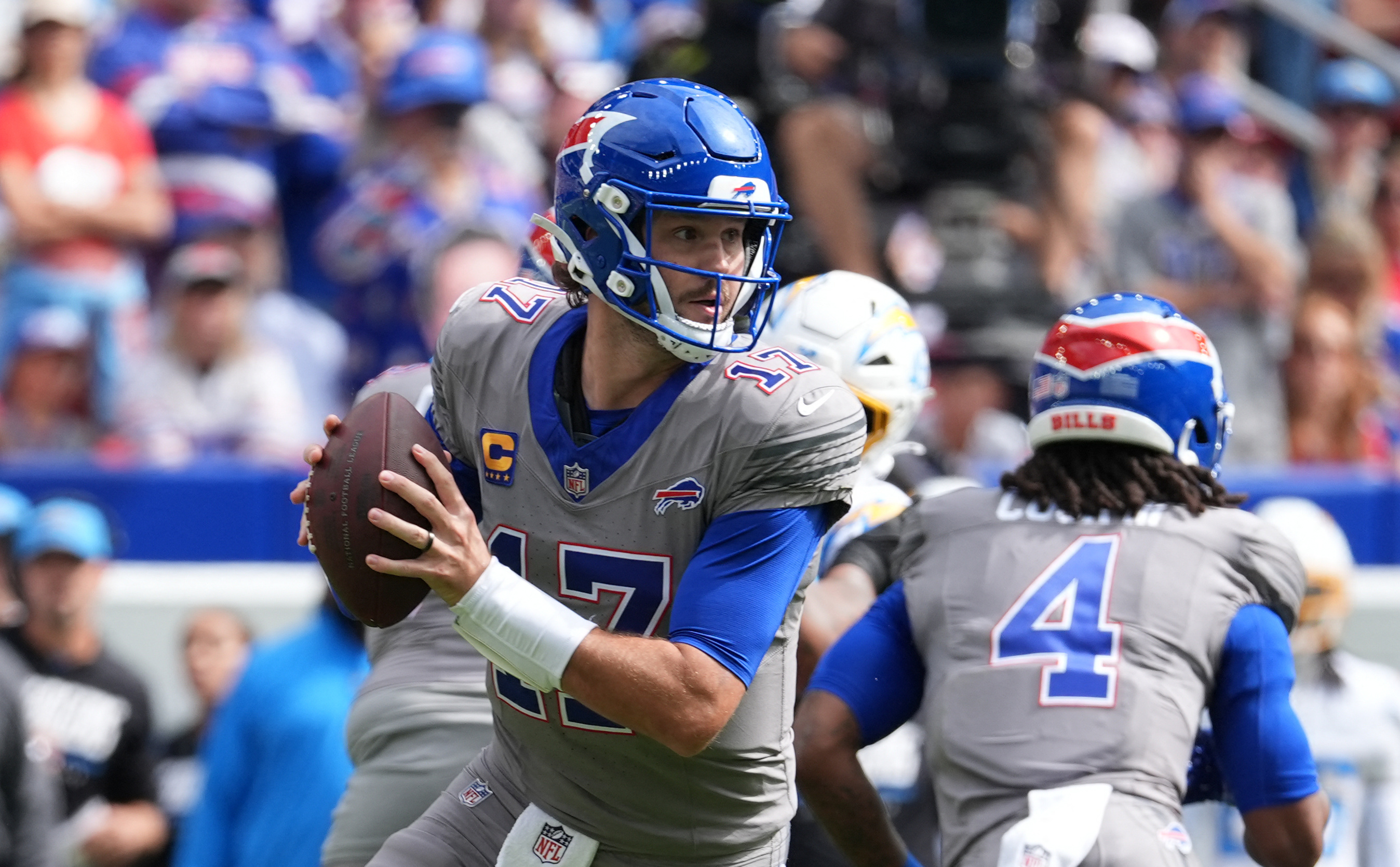 Pictured: Buffalo Bills quarterback Josh Allen looks to pass as we look at the 2026-2027 Super Bowl odds