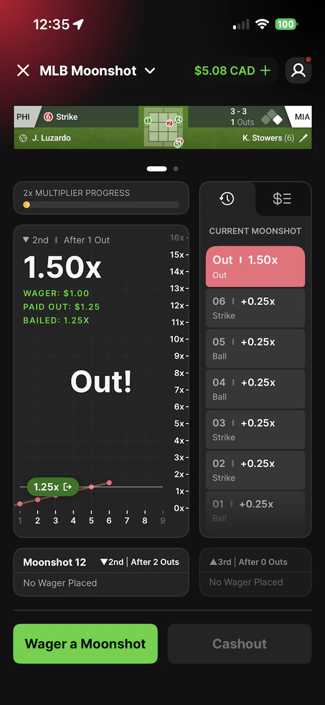 DraftKings Moonshot bet placed on July 29, 2026 showing the end of the multiplier at 1.50x.