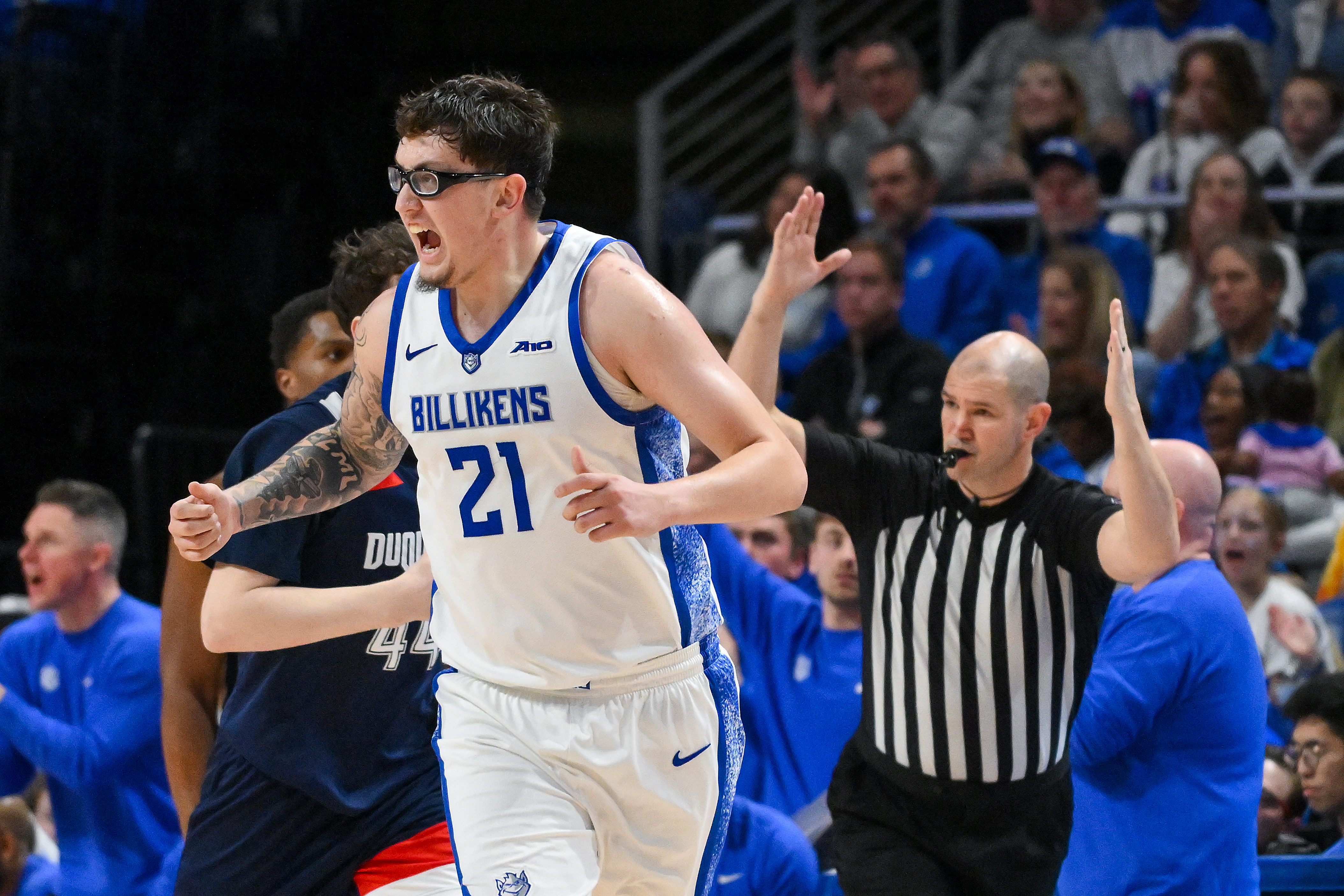Saint Louis Billikens center Robbie Avila (21) reacts as we break down our Saint Louis vs. Georgia prediction.
